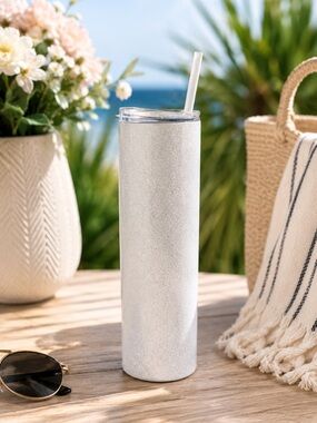 20 oz Skinny Glitter Tumbler HOGG White